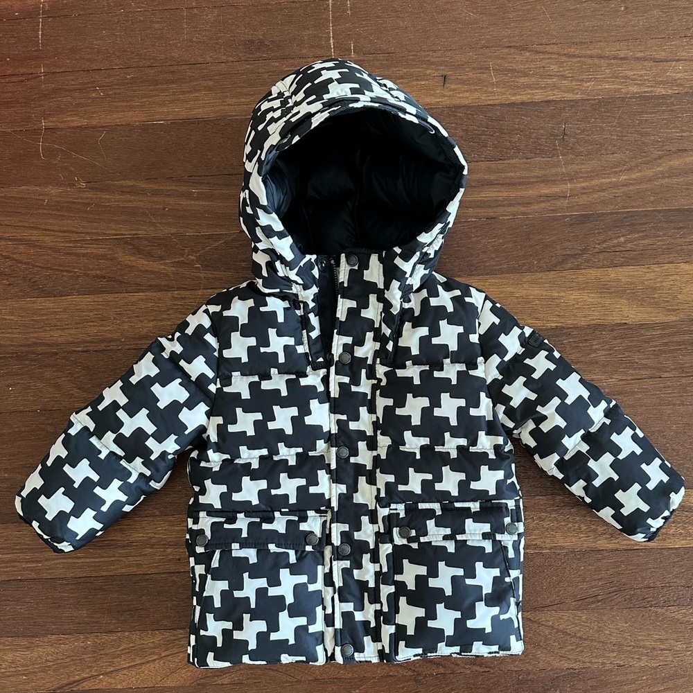Burberry Toddler Down Puffer Jacket Size 12M Black White Monogram Hood Coat